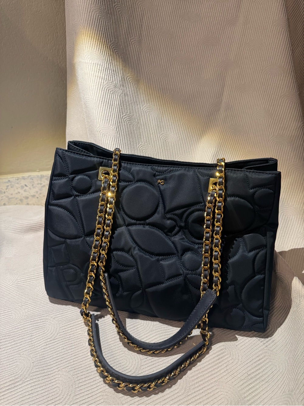 Purificacion Garcia Navy Quilted Shoulder Bag with Gold Chain Handles